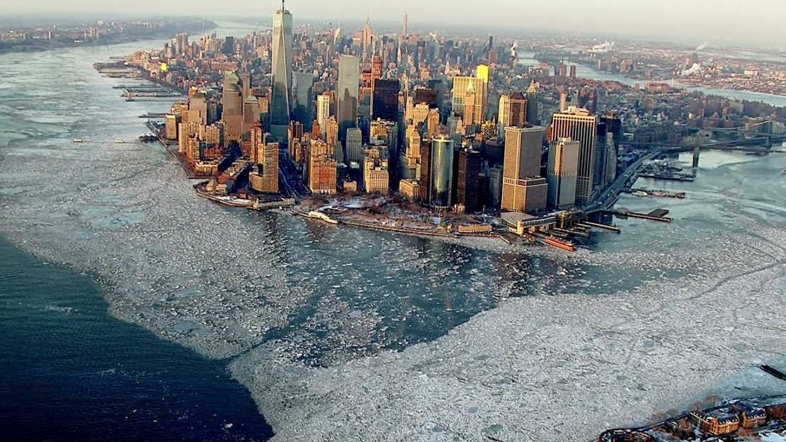Aerial image New York surrounded by ice