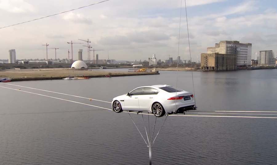 Jaguar XF performs high-wire water crossing of Thames