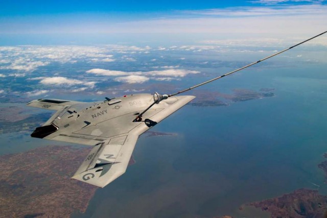 The unmanned X-47B air refueling from a tanker (4)