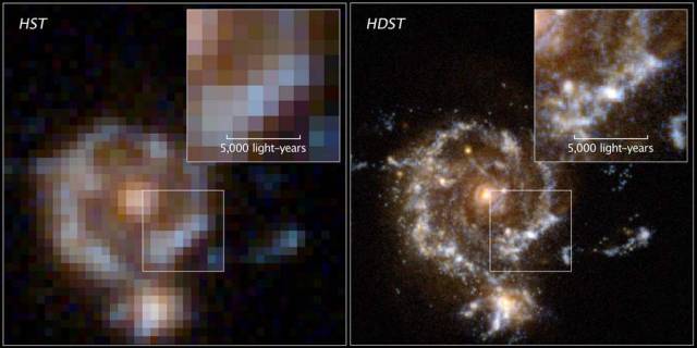 simulated spiral galaxy as viewed by Hubble and the proposed High Definition Space Telescop