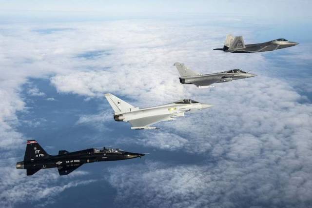 F-22 Raptor, a Royal Air Force Eurofighter Typhoon and a French Air Force Dassault Rafale