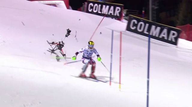 Slalom Skier almost hit by big Drone 