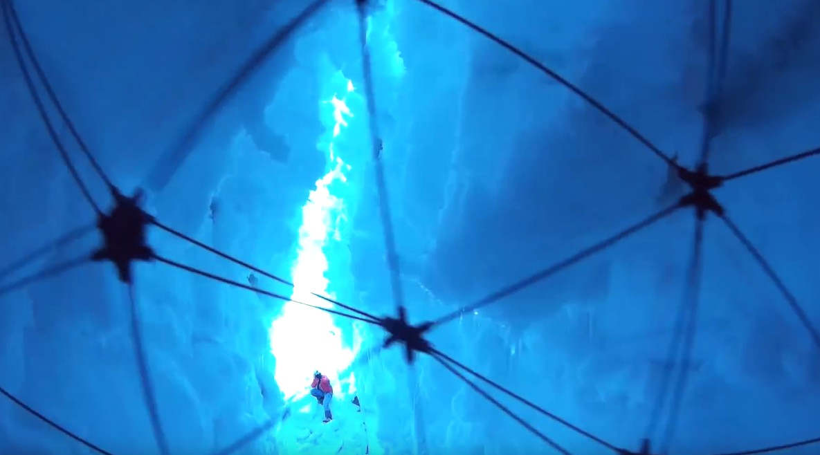 Drone flies inside a Glacier