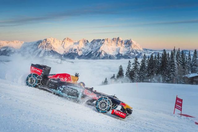 Red Bull F1 car on a Ski slope