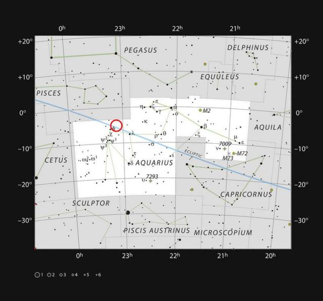 The position of the faint and very red ultracool dwarf star TRAPPIST-1 is marked. 