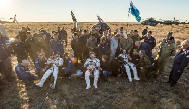 The Soyuz TMA-20M spacecraft is seen as it lands with Expedition 48 crew members