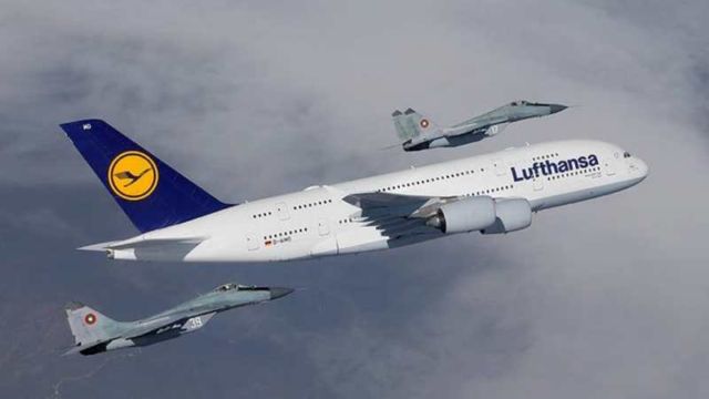 Lufthansa A380 escorted by Bulgarian Air Force fighter jets (1)
