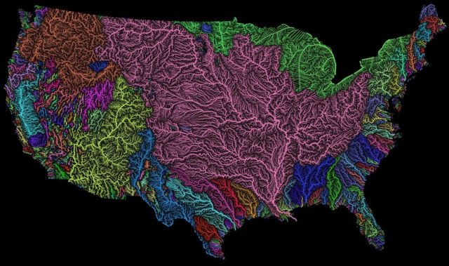 US River Basins in rainbow colors