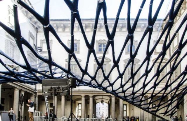 Pavilion at Palazzo Litta made from pairs of Blue Jeans 