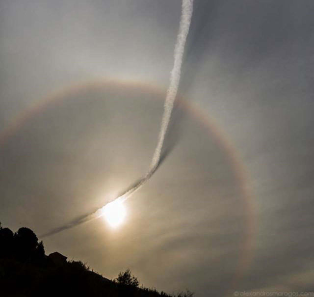 Sun Halo and Plane Contrail