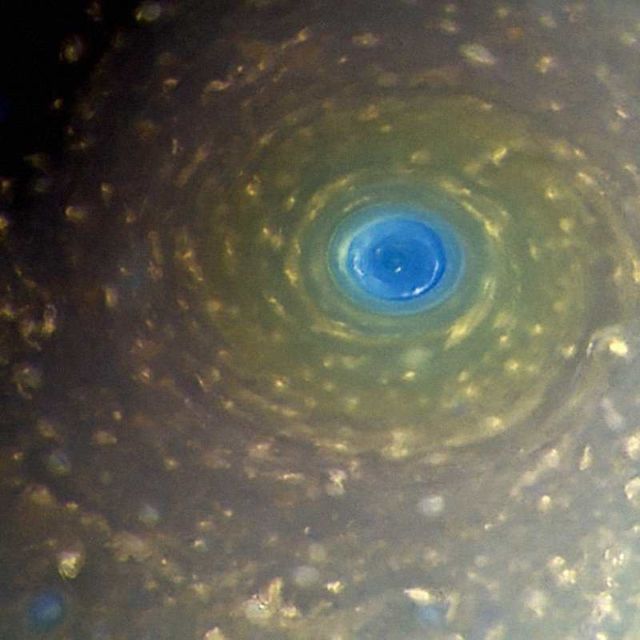 Blue storm inside Saturn's hexagon
