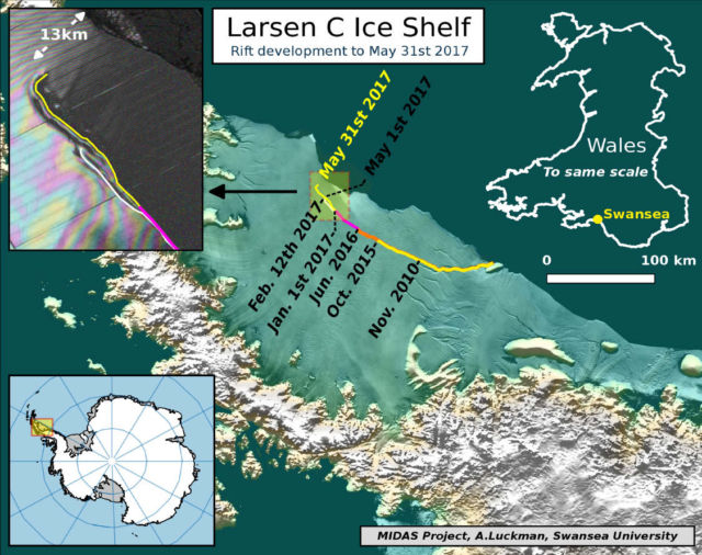 One of the largest Icebergs ever recorded is breaking off, map