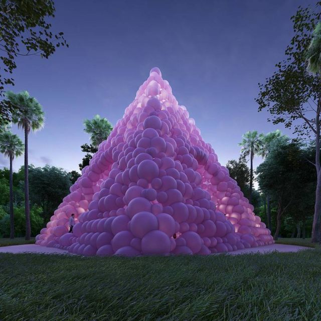 Pyramid Pavilion made from bubblegum Pink Balloons 