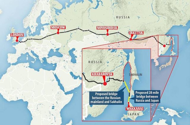 London to Tokyo by 8,400 miles Train route