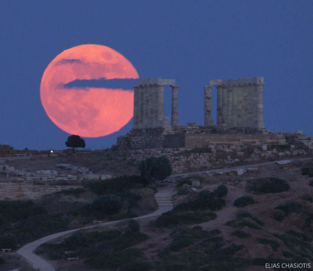 Strawberry Moon over the Temple of Poseidon