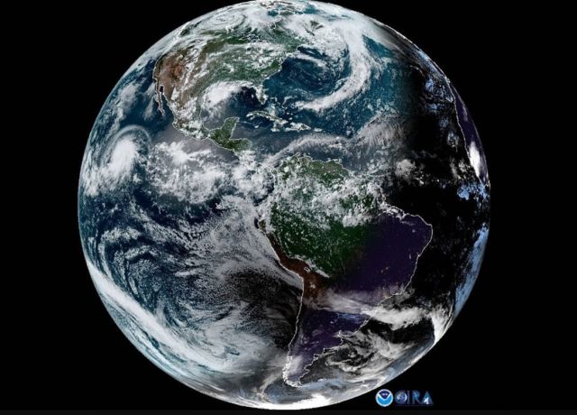 Solar Eclipse 2019- Moon's Shadow and Hurricane seen from Space