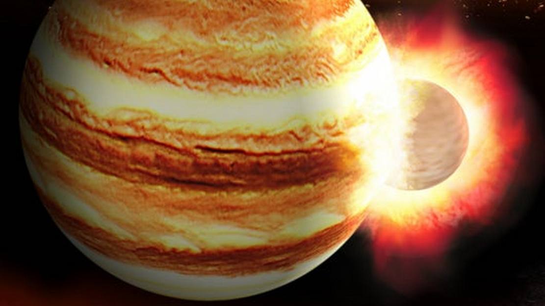 Young Jupiter smacked head-on by a Planet