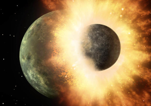 Above: An artist's depiction of an impact of a protoplanet like Theia and Earth. Credit NASA/JPL-Caltech/Wikimedia Commons