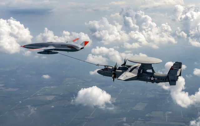 Air Tanker Drone Refueling a E-2D Hawkeye