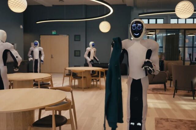 EVE Humanoid Robots collaborate to clean an office