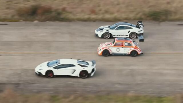 Drag Race- 911 GT3 RS vs Lambo V12 vs Tesla Beetle