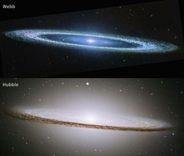 Sombrero Galaxy by Webb ST and Hubble